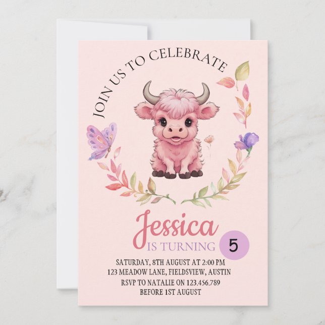 Fluffy Pink Highlands Scottish Cow Invitation (Front)