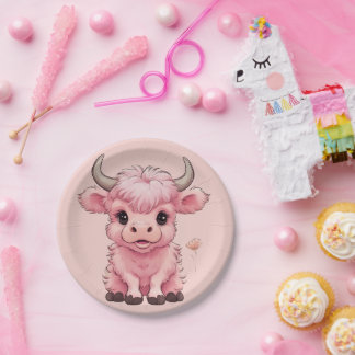 Fluffy Pink Highlands Scottish Cow Paper Plate