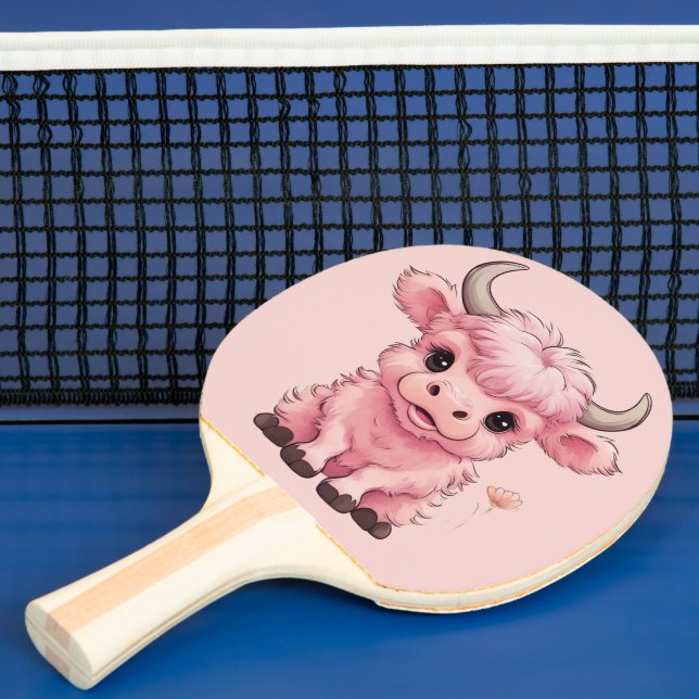 Fluffy Pink Highlands Scottish Cow Ping Pong Paddle (Insitu)