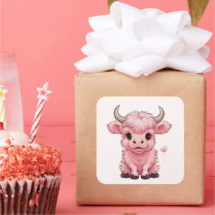 Fluffy Pink Highlands Scottish Cow Square Sticker