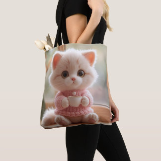 Fluffy Pink Kitten Drinking Tea Cat with Sweater Tote Bag