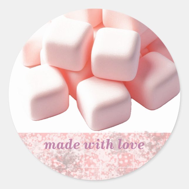 Fluffy Pink Square Marshmallows Classic Round Sticker (Front)