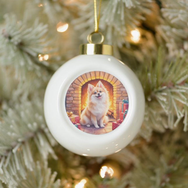 Fluffy Pomeranian Cozy Christmas Fireplace Dog Art Ceramic Ball Christmas Ornament (Tree)