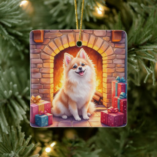 Fluffy Pomeranian Cozy Christmas Fireplace Dog Art Ceramic Ornament