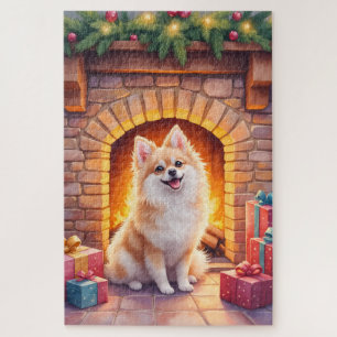Fluffy Pomeranian Cozy Christmas Fireplace Dog Art Jigsaw Puzzle