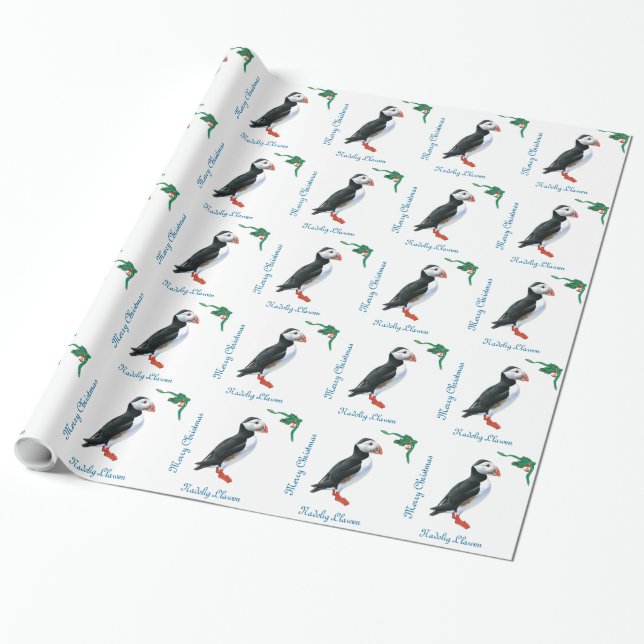 Fluffy Puffin Christmas Gift Wrap (Unrolled)
