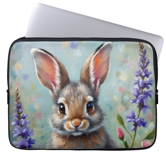 Fluffy Rabbit in a Field of Flowers Laptop Sleeve (Front)