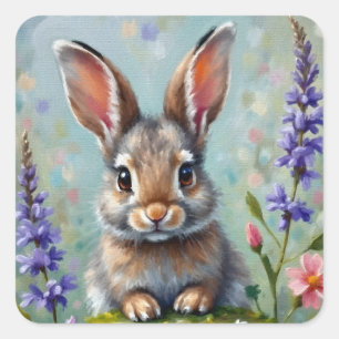 Fluffy Rabbit in a Field of Flowers Square Sticker