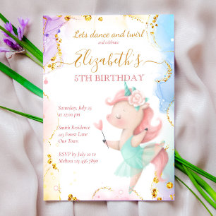 Fluffy rainbow unicorn ballerina birthday party invitation