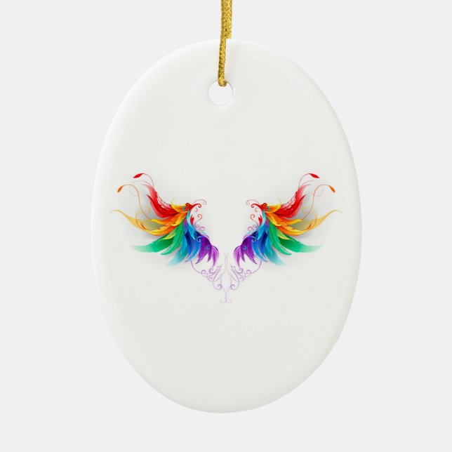 Fluffy Rainbow Wings Ceramic Ornament (Front)