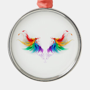 Fluffy Rainbow Wings Metal Ornament