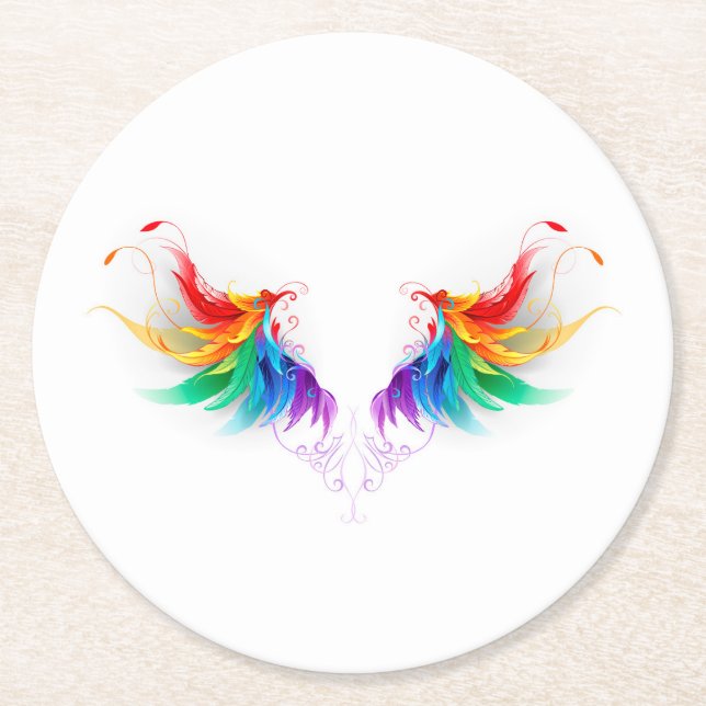 Fluffy Rainbow Wings Round Paper Coaster (Front)