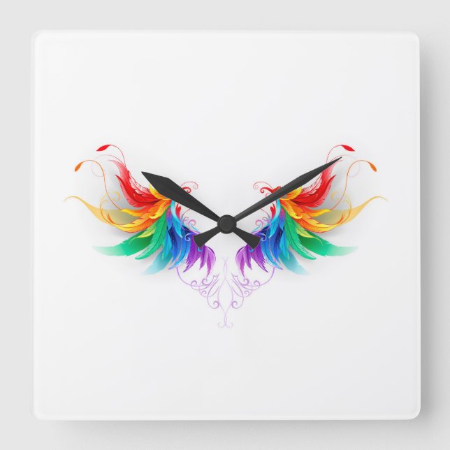 Fluffy Rainbow Wings Square Wall Clock (Front)