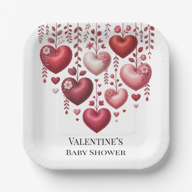 Fluffy Red Floral Heart Baby Shower Paper Plate (Front)