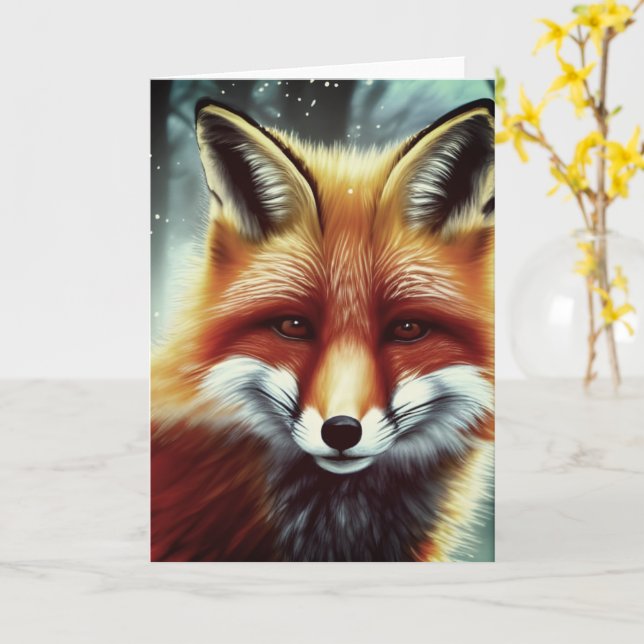 Fluffy Red Fox Portrait Card (Yellow Flower)