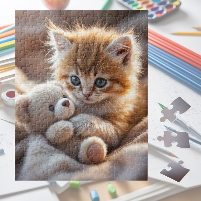 Fluffy red kitten playing with a tiny teddy bear,  jigsaw puzzle (Creator Uploaded)