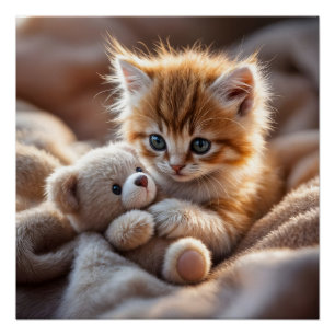 Fluffy red kitten playing with a tiny teddy bear,  poster