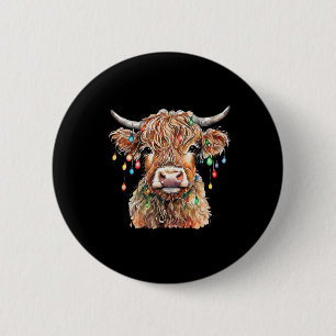 Fluffy Scottish Cow With Xmas Lights Christmas 6 Cm Round Badge