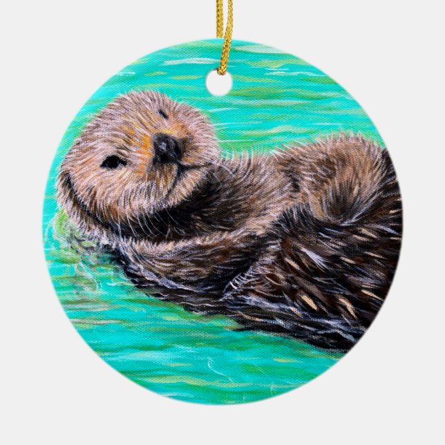 Fluffy Sea Otter Painting Ceramic Ornament (Front)
