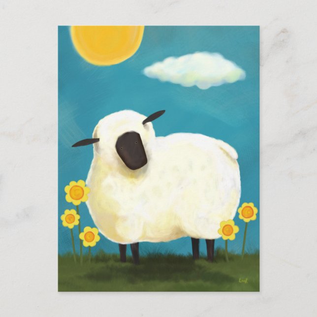 Fluffy Sheep and Yellow Flowers Postcard (Front)