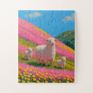 Fluffy Sheep Family in Pink Wildflower Hills Jigsaw Puzzle