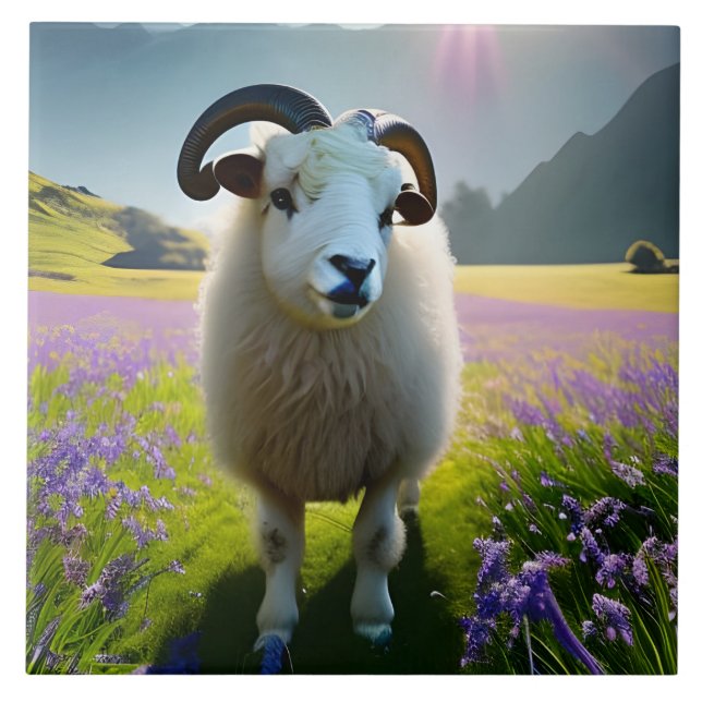 Fluffy Sheep field of purple flowers  Ceramic Tile (Front)