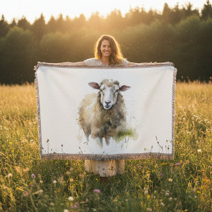 Fluffy Sheep in Pasture Throw Blanket