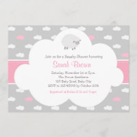 Fluffy Sheep with Cloud Invitation (Grey Pink)