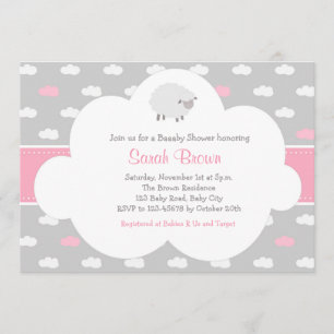 Fluffy Sheep with Cloud Invitation (Grey Pink)