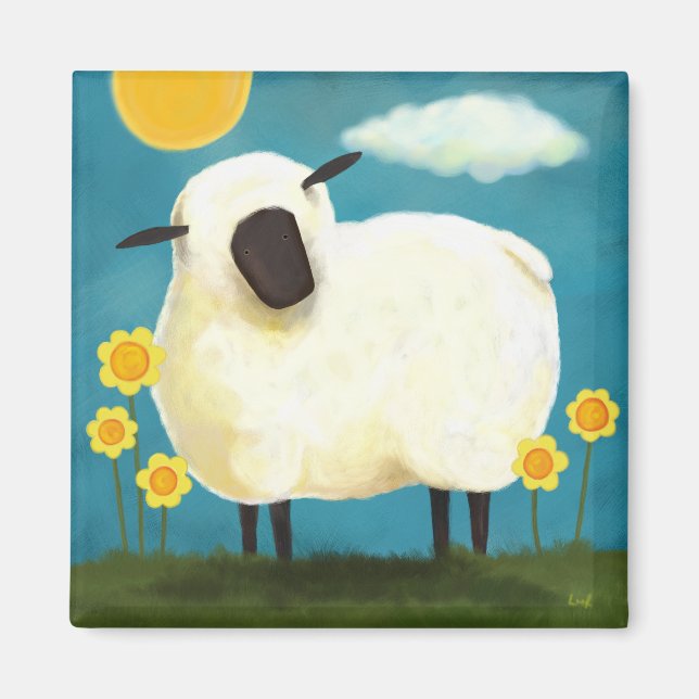 Fluffy Sheep & Yellow Flowers Art Magnet (Front)