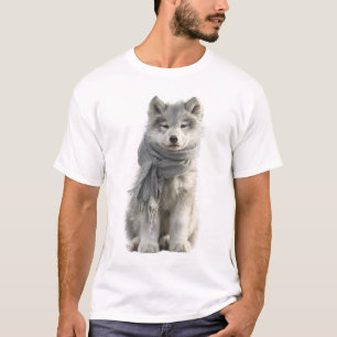 Fluffy Siberian Husky Puppy Wearing a Grey Scarf T-Shirt