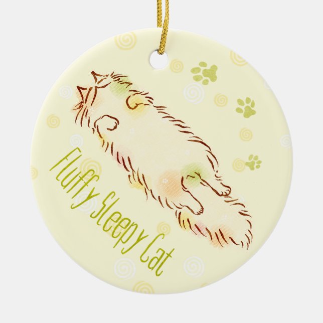 Fluffy Sleepy Cat Ceramic Ornament (Front)