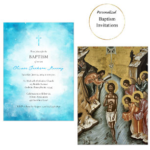 Fluffy Soft Cerulean Clouds Orthodox Baptism       Invitation
