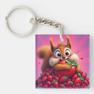 Fluffy Squirrel “Crazy for Strawberries”, funny Key Ring