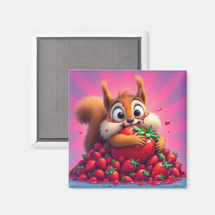 Fluffy Squirrel “Crazy for Strawberries”, funny Magnet