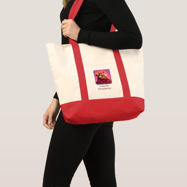 Fluffy Squirrel “Crazy for Strawberries”, funny  Tote Bag (Front (Product))