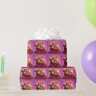 Fluffy Squirrel “Crazy for Strawberries”, funny   Wrapping Paper