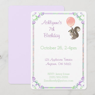 Fluffy Squirrel with Pink Balloon Birthday Custom Invitation