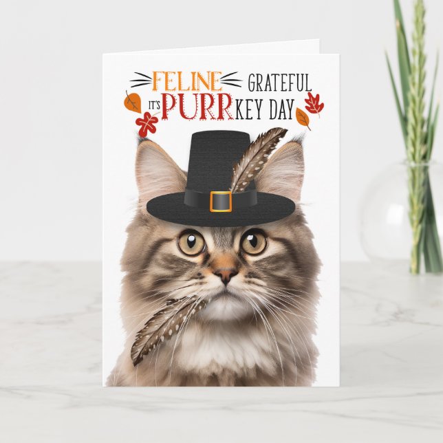 Fluffy Tabby Cat Feline Grateful for PURRkey Day Holiday Card (Front)