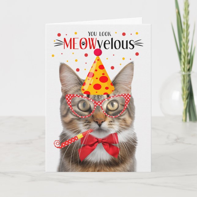 Fluffy Tabby Cat MEOWvelous Birthday Card (Front)