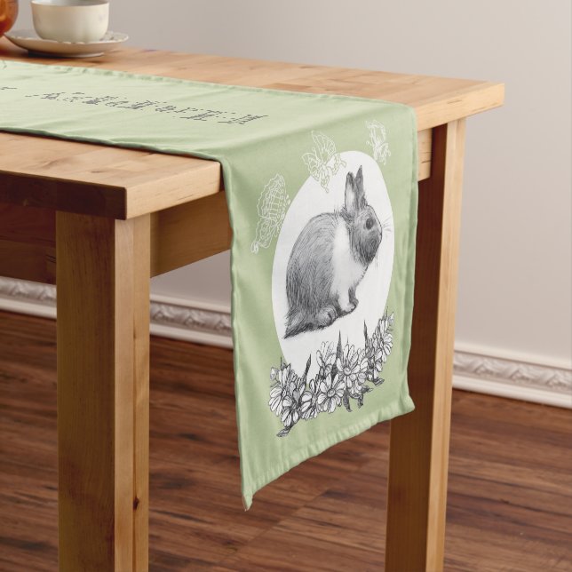 Fluffy the rabbit bunny. Pencil drawing. Short Table Runner (In Situ)