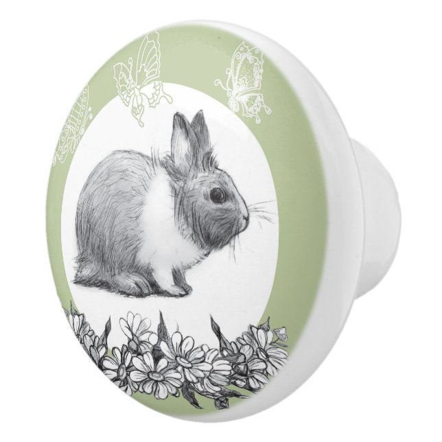 Fluffy the rabbit. Pencil drawing Ceramic Knob (Right)