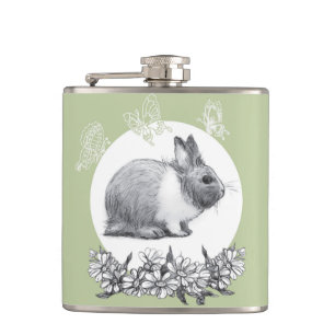 Fluffy the rabbit. Pencil drawing. Hip Flask