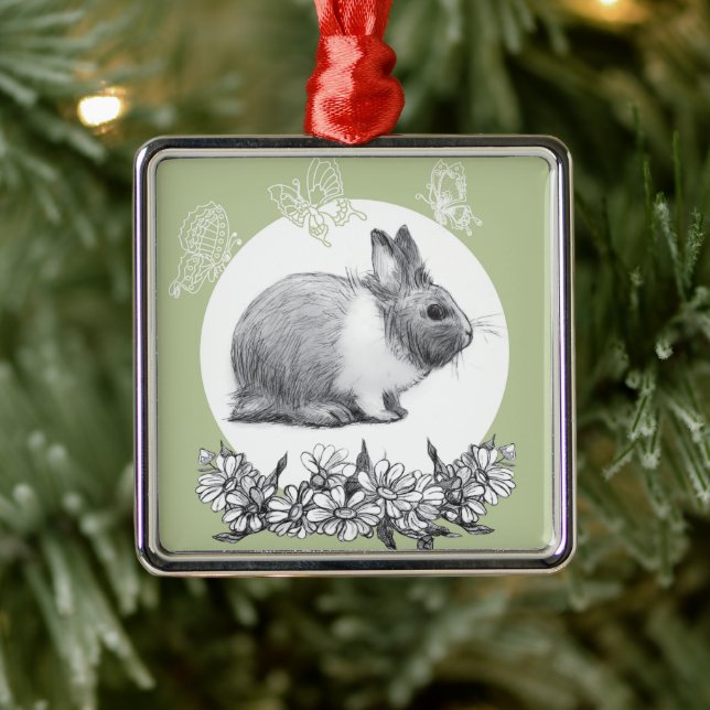 Fluffy the rabbit. Pencil drawing. Metal Ornament (Tree)