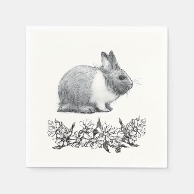 Fluffy the rabbit. Pencil drawing Monochrome Black Napkin (Front)