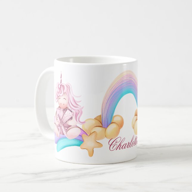 Fluffy unicorn magical rainbow personalised name coffee mug (Front Left)