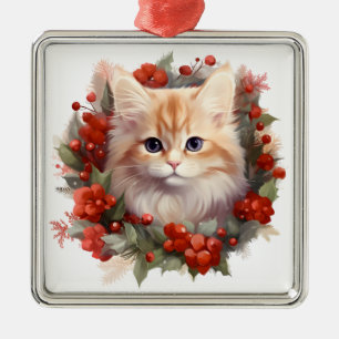 FLUFFY WATERCOLOR HOLIDAY CHRISTMAS ORANGE CAT METAL ORNAMENT