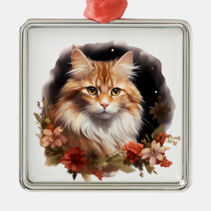 FLUFFY WATERCOLOR HOLIDAY CHRISTMAS ORANGE CAT METAL ORNAMENT