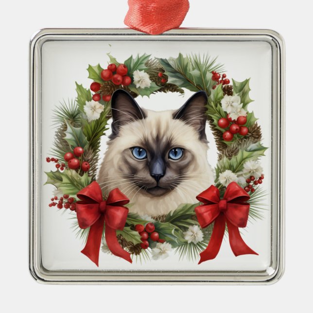 FLUFFY WATERCOLOR HOLIDAY CHRISTMAS SIAMESE CAT METAL ORNAMENT (Front)