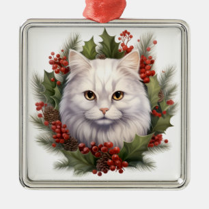 FLUFFY WATERCOLOR HOLIDAY CHRISTMAS WHITE CAT METAL ORNAMENT